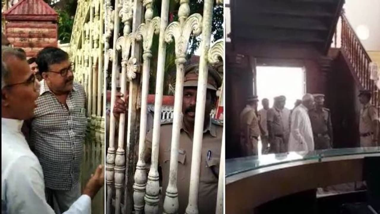 വൈദികരെ ഗേറ്റ് പൂട്ടി തടഞ്ഞു, എറണാകുളം ബിഷപ് ഹൗസിന് മുന്നിൽ പൊലീസും വൈദികരും തമ്മിൽ തർക്കം വൈദികരെ ഗേറ്റ് പൂട്ടി തടഞ്ഞു, എറണാകുളം ബിഷപ് ഹൗസിന് മുന്നിൽ പൊലീസും വൈദികരും തമ്മിൽ തർക്കം