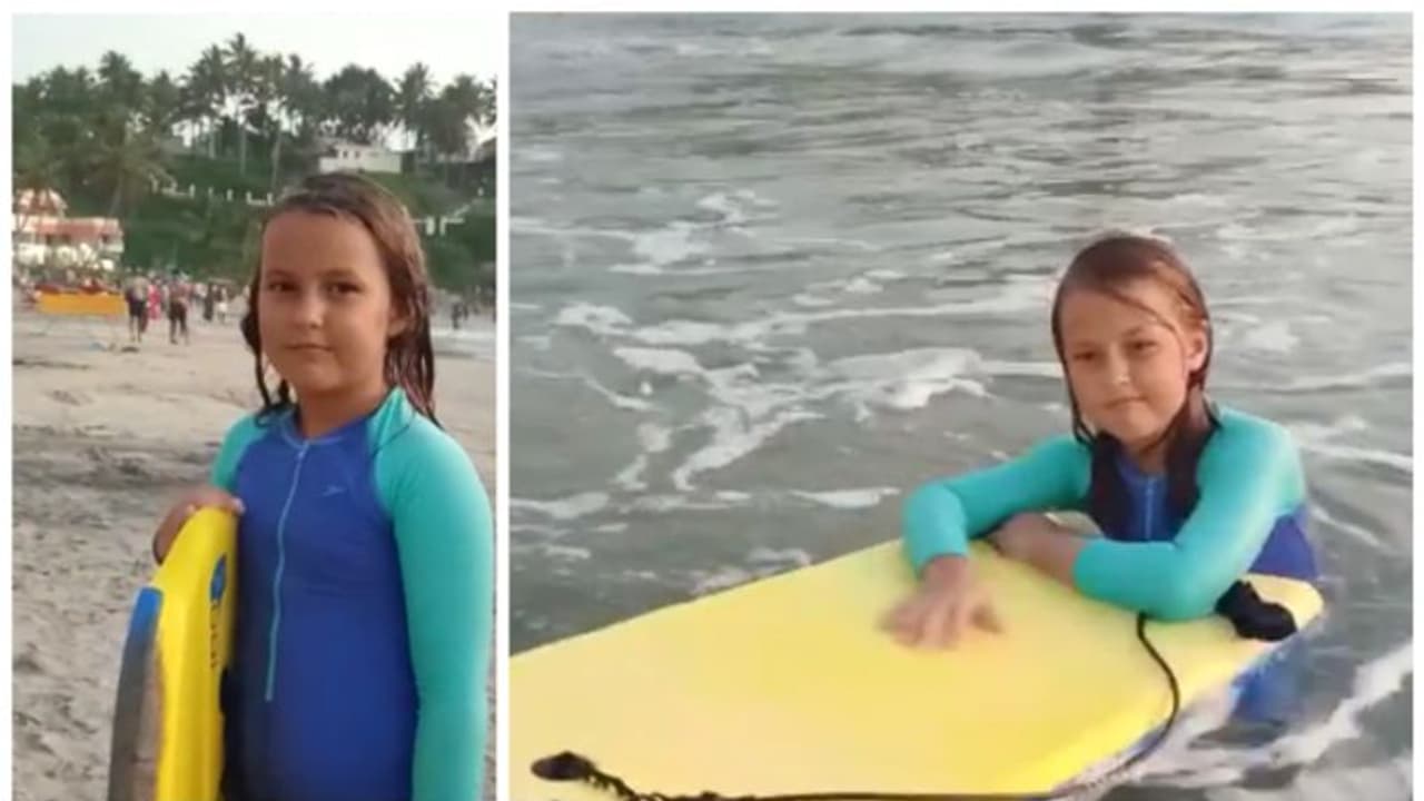 കടൽത്തിരകളിൽ ഊഞ്ഞാലാടി ​ഗ്ലാന; സർഫിം​ഗിൽ അത്ഭുതപ്പെടുത്തുന്ന പ്രകടനവുമായി രണ്ടാം ക്ലാസുകാരി