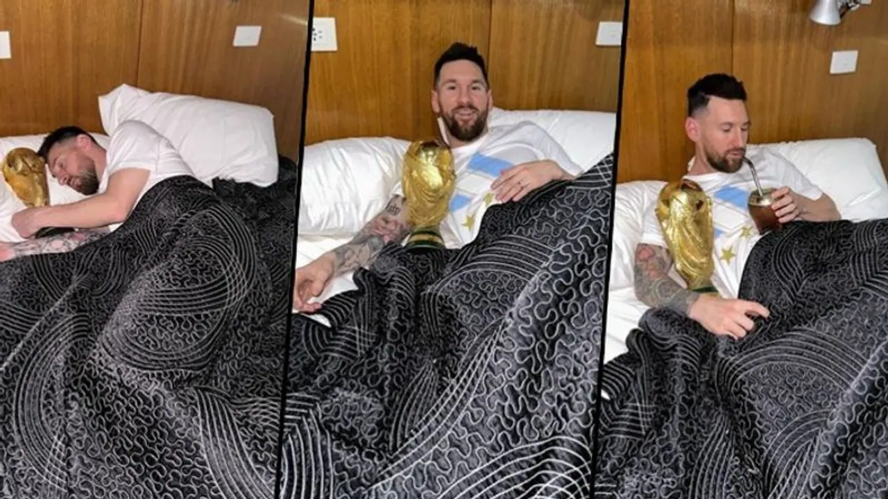 Sleeping with the beauty! Fans go berserk after Messi cuddles up with Argentina's World Cup 2022 trophy Sleeping with the beauty! Fans go berserk after Messi cuddles up with Argentina's World Cup 2022 trophy