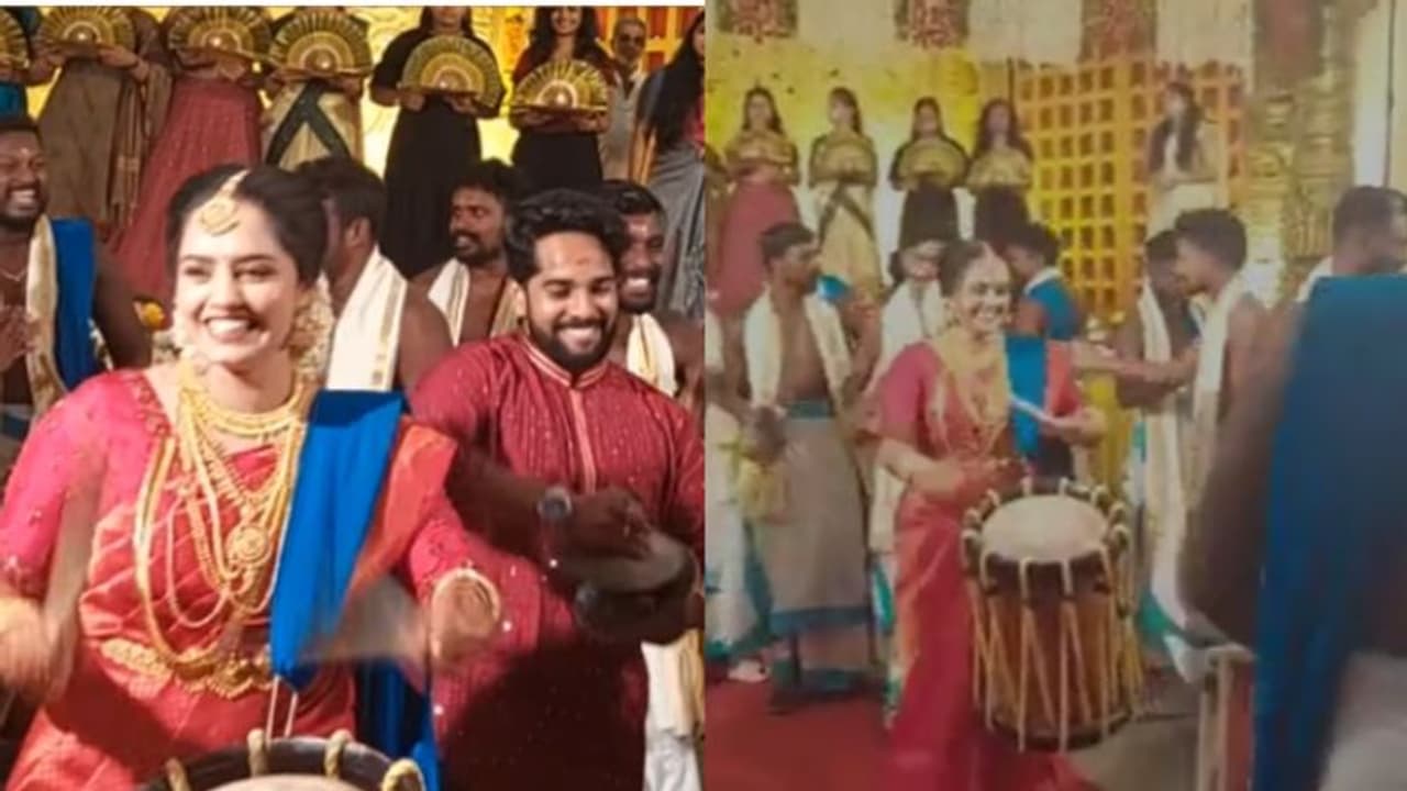 'കൊട്ടിക്കയറും താളം'; വിവാഹ വേഷത്തിൽ ചെണ്ടയിൽ കൊട്ടിക്കയറി വധു, കൂട്ടിന് അച്ഛനും വരനും വൈറൽ വീഡിയോ 'കൊട്ടിക്കയറും താളം'; വിവാഹ വേഷത്തിൽ ചെണ്ടയിൽ കൊട്ടിക്കയറി വധു, കൂട്ടിന് അച്ഛനും വരനും വൈറൽ വീഡിയോ