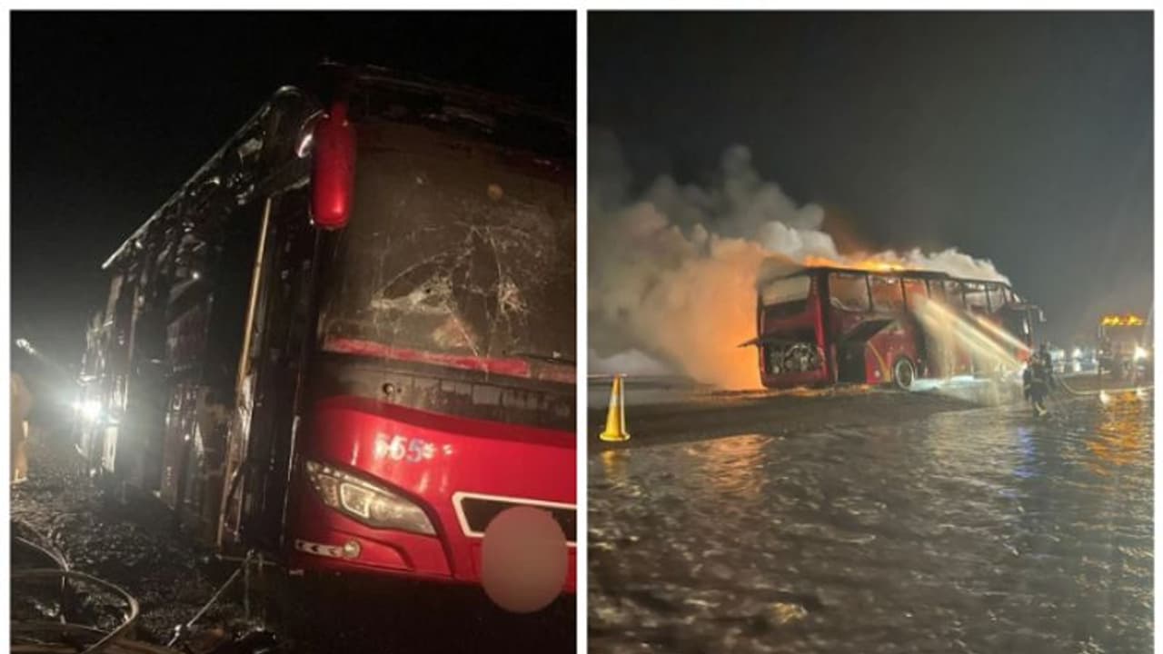 സൗദി അറേബ്യയിൽ ഓടിക്കൊണ്ടിരുന്ന ബസിന് തീപിടിച്ചു സൗദി അറേബ്യയിൽ ഓടിക്കൊണ്ടിരുന്ന ബസിന് തീപിടിച്ചു