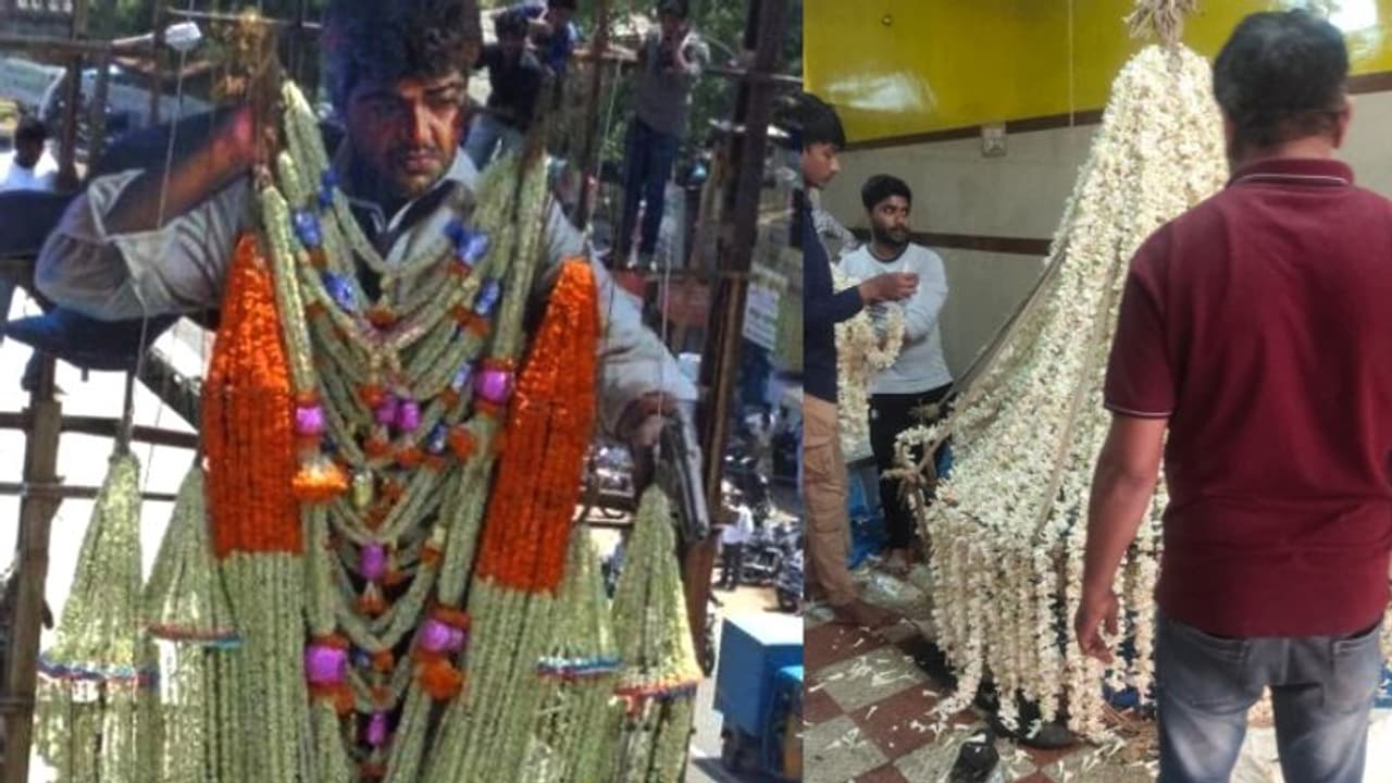 அடேங்கப்பா... துணிவு பட கட் அவுட்டுக்கு 7 லட்சம் செலவில் பிரம்மாண்ட மலர் மாலை..! மாஸ் காட்டும் அஜித் ரசிகர்கள்