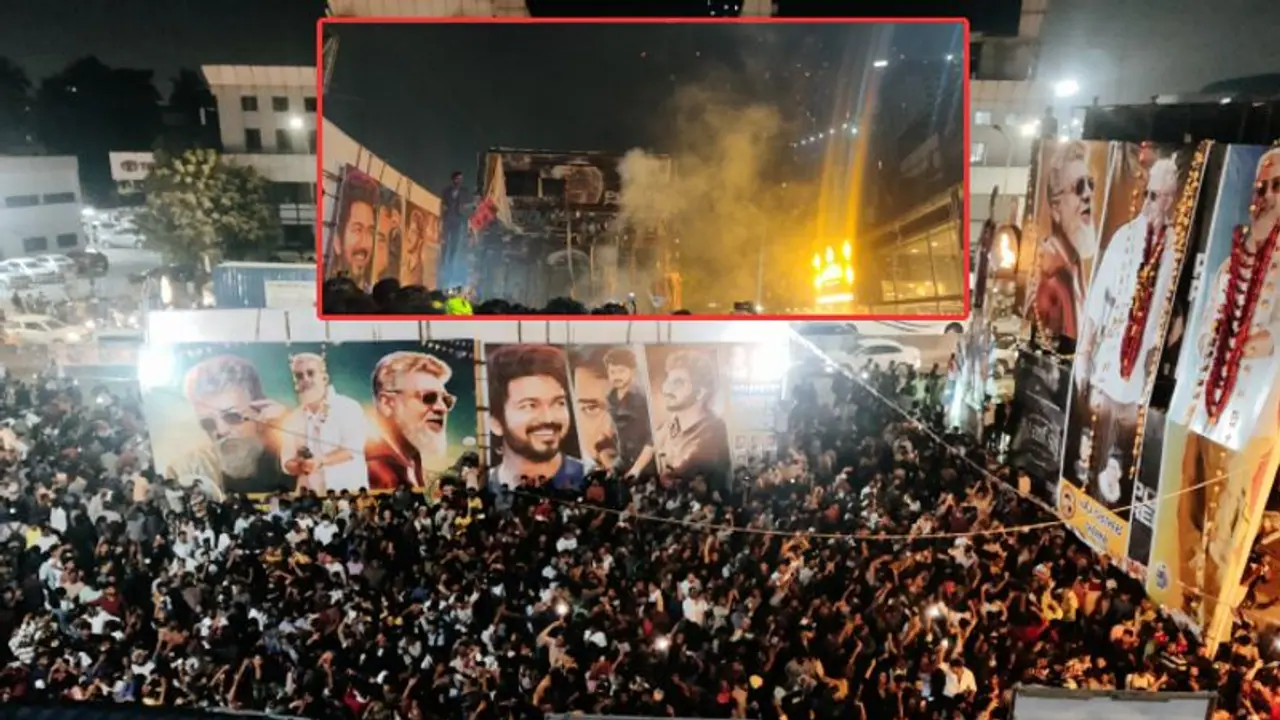 கிழித்தெறியப்பட்ட பேனர்கள்... விஜய் அஜித் ரசிகர்கள் மோதல் தடியடி நடத்தி விரட்டியடித்த போலீஸ்