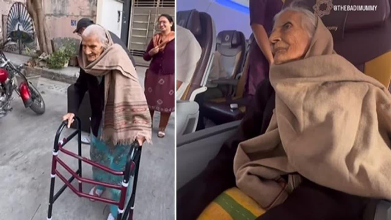 'ക്യൂട്ട് അമ്മൂമ്മ'യുടെ ആദ്യ വിമാനയാത്ര; വീഡിയോ വൈറലായതോടെ അമ്മൂമ്മ താരമായി