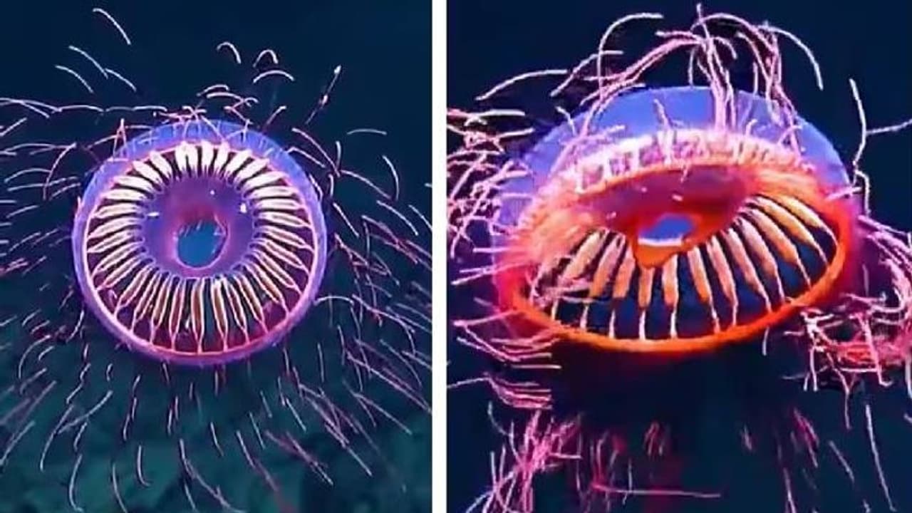 കടലിൽ 4,000 അടി താഴ്ചയിൽ കണ്ടെത്തിയ അപൂർവ 'ഗ്ലോയിംഗ് ജെല്ലിഫിഷ്', വൈറലായി വീഡിയോ കടലിൽ 4,000 അടി താഴ്ചയിൽ കണ്ടെത്തിയ അപൂർവ 'ഗ്ലോയിംഗ് ജെല്ലിഫിഷ്', വൈറലായി വീഡിയോ