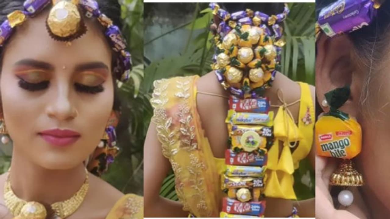 തലമുടി നിറയെ ചോക്ലേറ്റ്; 'കൊതിയൂറും' ഹെയര്‍ സ്റ്റൈലുമായി വധു; വീഡിയോ