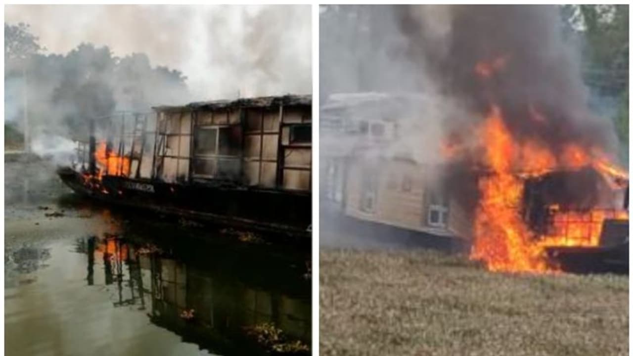 കൊല്ലത്ത് ഹൗസ്ബോട്ടിന് തീപിടിച്ചു; മൂന്ന് വിനോദസഞ്ചാരികളെ രക്ഷപ്പെടുത്തി 