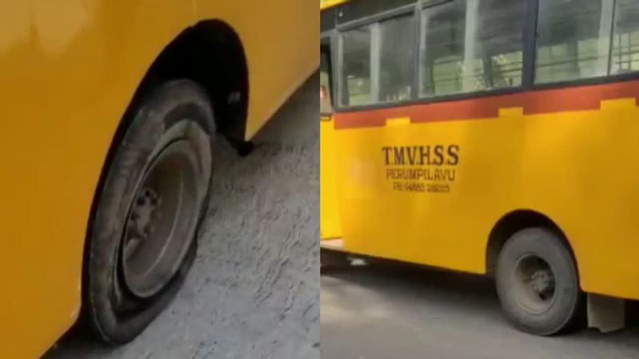 തേഞ്ഞ ടയര്‍, വേഗപ്പൂട്ടില്ല; വിദ്യാര്‍ത്ഥികളുമായി പോകവെ സ്കൂള്‍ ബസിന്‍റ ടയര്‍ പൊട്ടി, ഫിറ്റനസ് റദ്ദാക്കി 