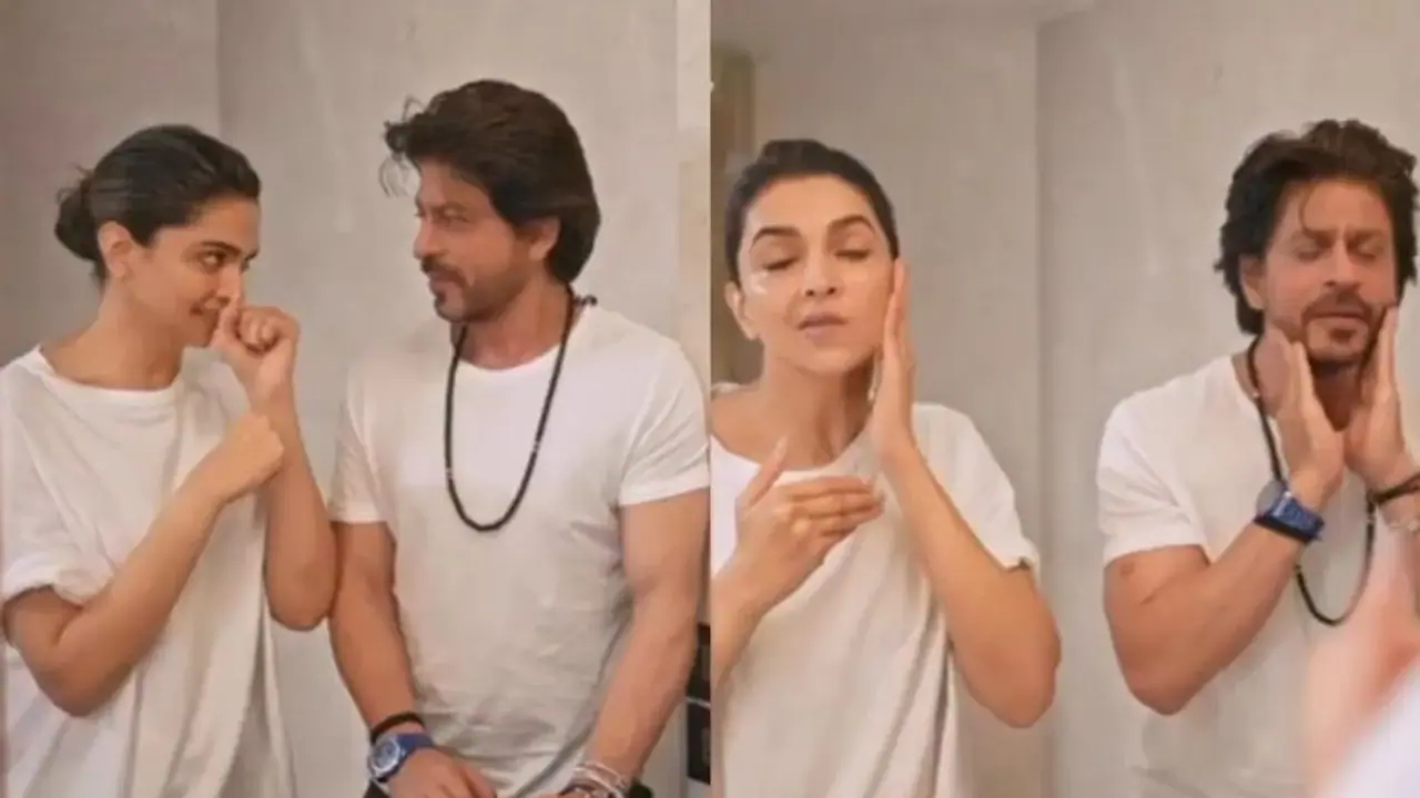 Deepika Padukone shows Shah Rukh Khan how to get perfect glowing skin; encourages him to use sunscreen Deepika Padukone shows Shah Rukh Khan how to get perfect glowing skin; encourages him to use sunscreen