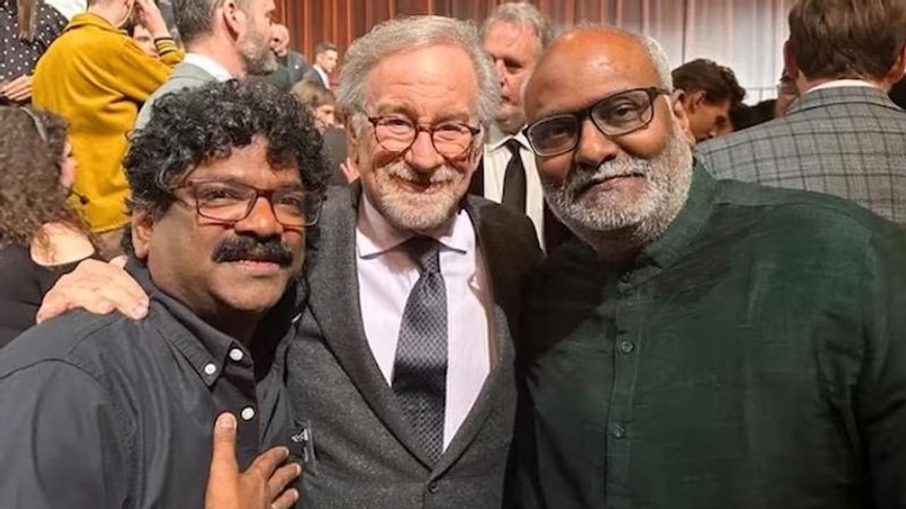 Oscar 2023 nominees luncheon: RRR's MM Keeravaani, Chandrabose pose with Steven Spielberg Oscar 2023 nominees luncheon: RRR's MM Keeravaani, Chandrabose pose with Steven Spielberg