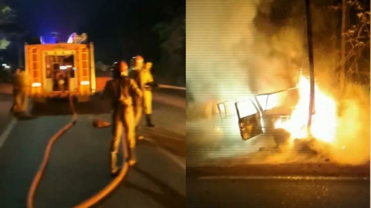 കാസർകോട് പൊലീസ് ജീപ്പ് ഇലക്ട്രിക് പോസ്റ്റിലിടിച്ച് കത്തി, പൊലീസുകാർ തലനാരിഴയ്ക്ക് രക്ഷപ്പെട്ടു