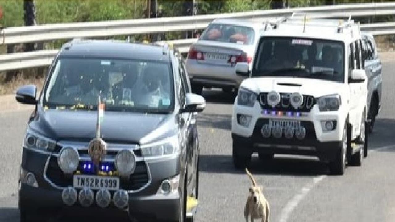 அடேங்கப்பா இவ்வளவு வேகமா? எடப்பாடி பழனிசாமியின் காரை விடாமல் துரத்தும் நாய்!! அடேங்கப்பா இவ்வளவு வேகமா? எடப்பாடி பழனிசாமியின் காரை விடாமல் துரத்தும் நாய்!!