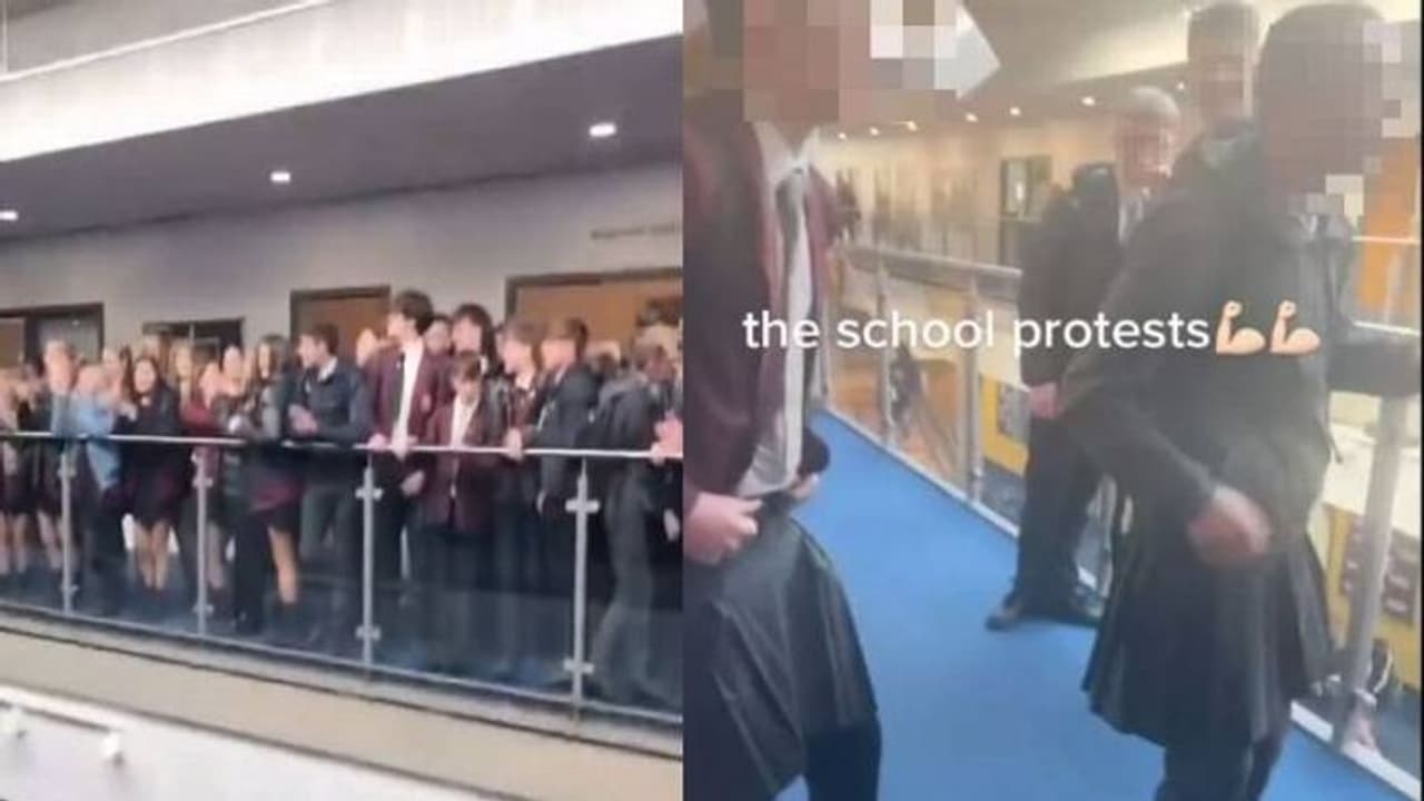 വിദ്യാർത്ഥിനികളുടെ പാവാടയുടെ നീളം പരിശോധിച്ച് പുരുഷാധ്യാപകർ, പ്രതിഷേധം, പാവാട ധരിച്ചെത്തി ആൺകുട്ടികൾ