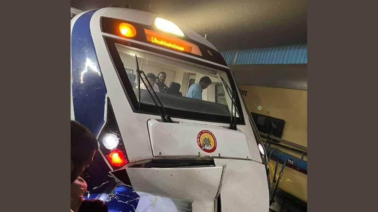 ఖమ్మంలో గేదెలను ఢీకొన్న వందే భారత్ రైలు.. దెబ్బతిన్న ముందుభాగం ఖమ్మంలో గేదెలను ఢీకొన్న వందే భారత్ రైలు.. దెబ్బతిన్న ముందుభాగం