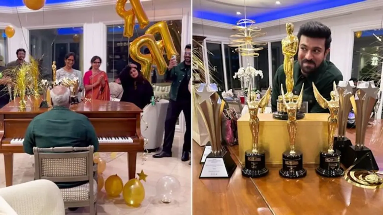 Oscars after party at SS Rajamouli's LA house; MM Keeravani plays piano, Ram Charan poses with awards (Photos) Oscars after party at SS Rajamouli's LA house; MM Keeravani plays piano, Ram Charan poses with awards (Photos)
