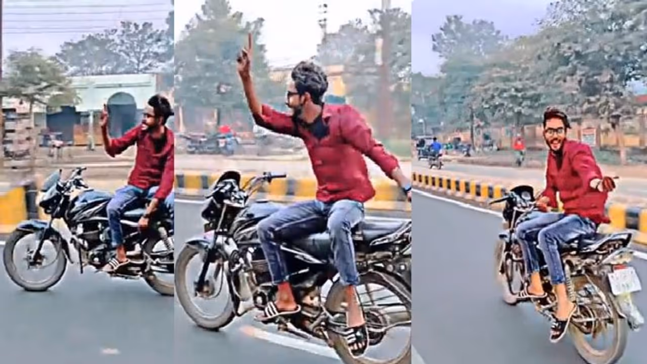 சாலையில் பைக் சாகசம் செய்த இளைஞர்… வீடியோ வைரலானதை அடுத்து உ.பி. காவல்துறை நடவடிக்கை!! சாலையில் பைக் சாகசம் செய்த இளைஞர்… வீடியோ வைரலானதை அடுத்து உ.பி. காவல்துறை நடவடிக்கை!!