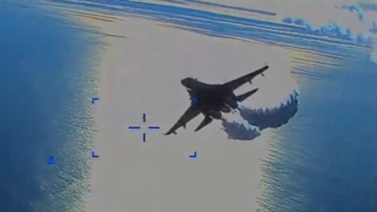 VIDEO: US releases footage of Russian SU 27 fighter jet dumping fuel on downed MQ 9 drone VIDEO: US releases footage of Russian SU 27 fighter jet dumping fuel on downed MQ 9 drone