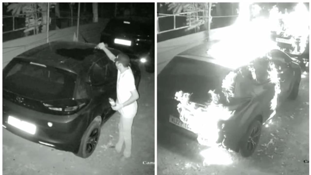 ഇന്ധന കുപ്പിയുമായെത്തി, തലസ്ഥാനത്ത് വീട്ടുമുറ്റത്ത് നിർത്തിയിട്ട കാറുകൾക്ക് തീയിട്ട് അജ്ഞാതൻ, സിസിടിവി ദൃശ്യം