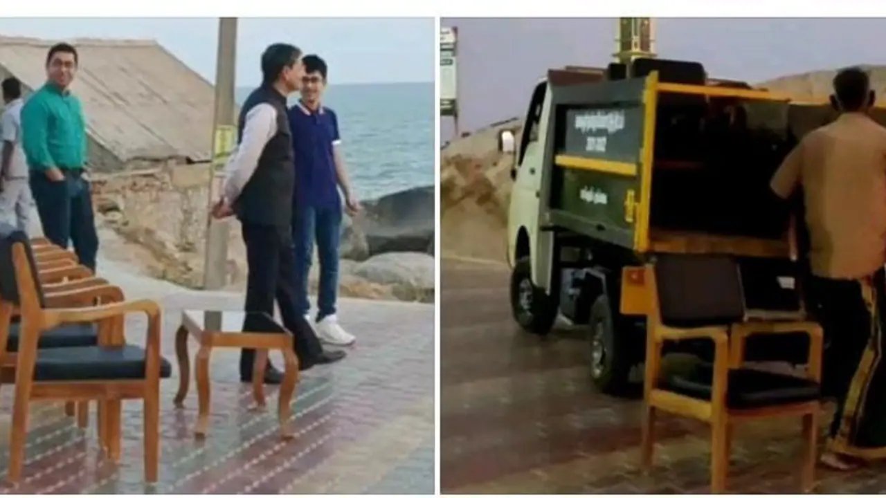 ஆளுநர் ரவியின் நாற்காலியை குப்பை வண்டியில் ஏற்றிச் சென்ற பேரூராட்சி ஊழியர்கள்.! கன்னியாகுமரியில் பரபரப்பு ஆளுநர் ரவியின் நாற்காலியை குப்பை வண்டியில் ஏற்றிச் சென்ற பேரூராட்சி ஊழியர்கள்.! கன்னியாகுமரியில் பரபரப்பு