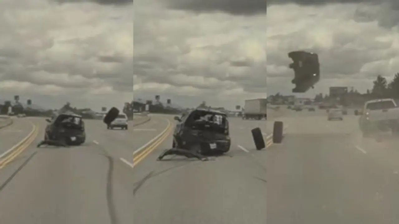 ഊരിത്തെറിച്ച ടയര്‍ ഇടിച്ച് വായുവില്‍ ഉയര്‍ന്ന് പൊങ്ങി മലക്കം മറിഞ്ഞ് കാര്‍, ഞെട്ടിക്കും ഡാഷ് ക്യാമറ വിഡിയോ