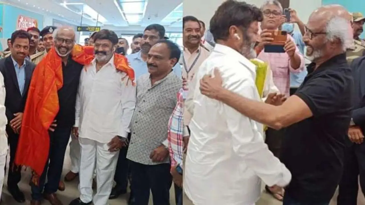 Rajinikanth attends Sr NTR's 100th birth anniversary celebrations; gets welcome from Balakrishna Rajinikanth attends Sr NTR's 100th birth anniversary celebrations; gets welcome from Balakrishna
