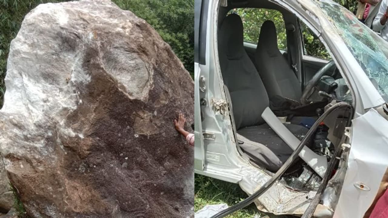 മലമുകളിൽ നിന്ന് കൂറ്റൻ പാറ ഉരുണ്ടുവന്ന് രണ്ടായി പിളർന്നു, ഇടിച്ചത് ഓടിക്കൊണ്ടിരുന്ന കാറിൽ, ഒരാൾക്ക് പരിക്ക്