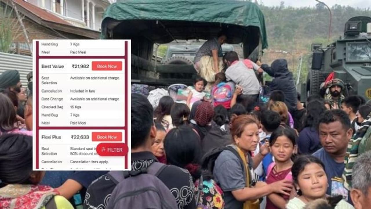 ஒரு விமான டிக்கெட் 25 ஆயிரம்.. மணிப்பூரை விட்டு வெளியேறும் மக்களுக்கு அதிர்ச்சியை கொடுத்த விமான நிறுவனங்கள் ஒரு விமான டிக்கெட் 25 ஆயிரம்.. மணிப்பூரை விட்டு வெளியேறும் மக்களுக்கு அதிர்ச்சியை கொடுத்த விமான நிறுவனங்கள்