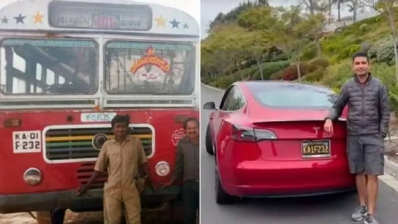 Relishing memories: Bengaluru man gets BMTC registration number for his Tesla car in California Relishing memories: Bengaluru man gets BMTC registration number for his Tesla car in California