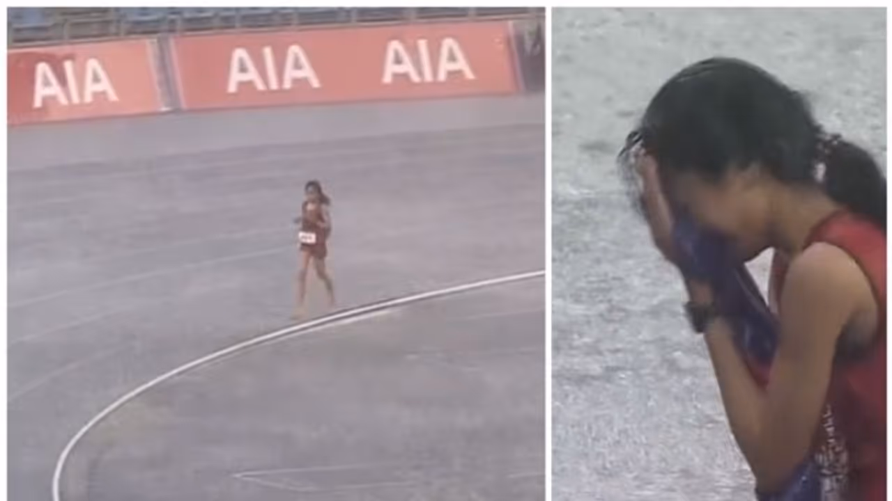 കാറ്റും മഴയും ഇടിയും; ഏറ്റവും ഒടുവിലായി മത്സരം പൂര്‍ത്തിയാക്കിയ ഓട്ടക്കാരിക്കായി കൈയടിച്ച് ഗ്യാലറി 