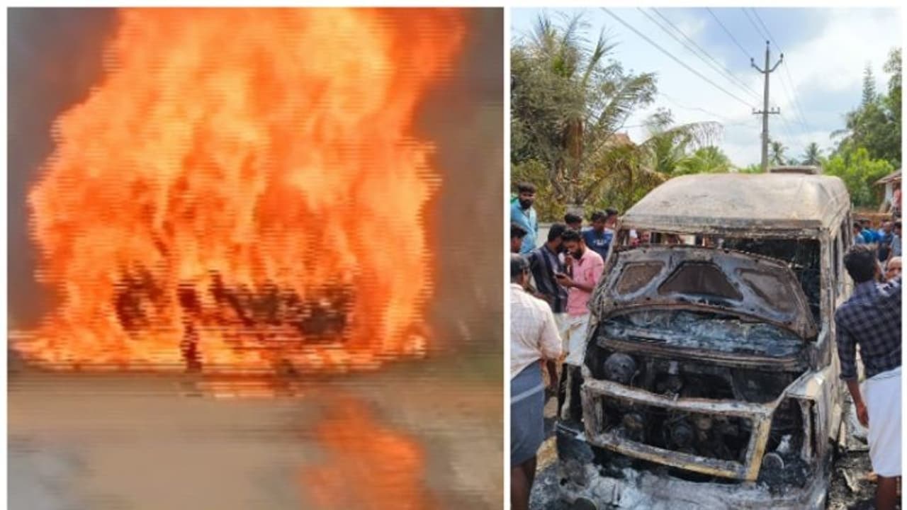 തൃശൂരിൽ ഓടിക്കൊണ്ടിരിക്കെ ടെമ്പോ ട്രാവലർ കത്തി, ഇറങ്ങിയോടിയ ഡ്രൈവർ രക്ഷപ്പെട്ടു തൃശൂരിൽ ഓടിക്കൊണ്ടിരിക്കെ ടെമ്പോ ട്രാവലർ കത്തി, ഇറങ്ങിയോടിയ ഡ്രൈവർ രക്ഷപ്പെട്ടു