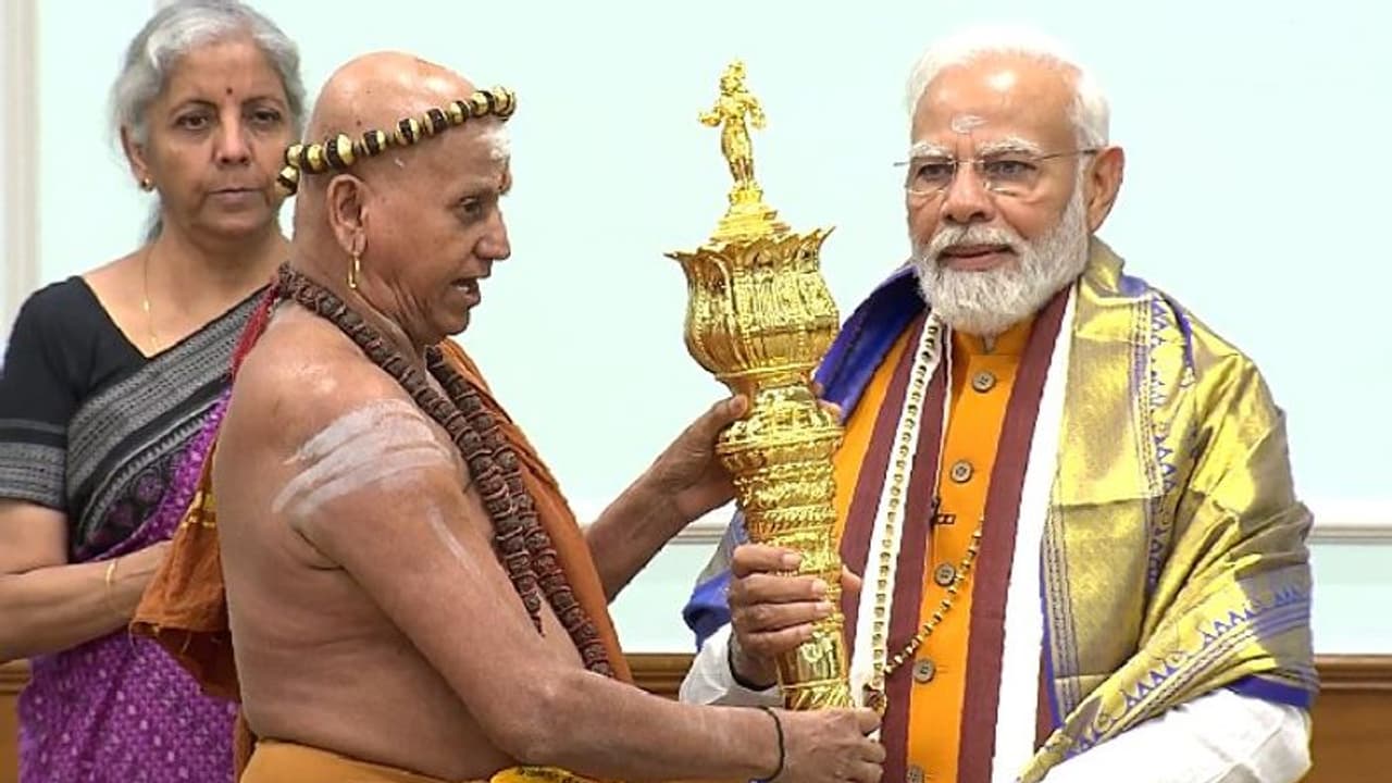 WATCH: Sengol handed over to PM Modi ahead of the new Parliament building inauguration WATCH: Sengol handed over to PM Modi ahead of the new Parliament building inauguration
