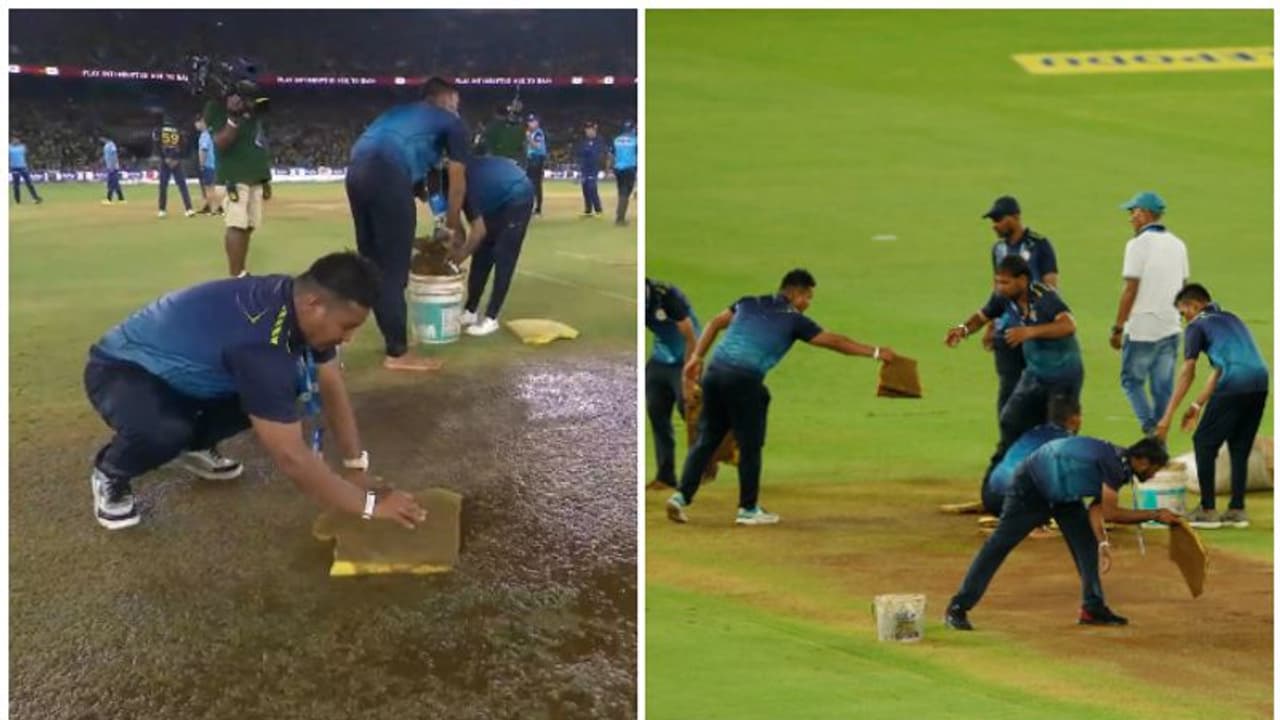 കണ്ടം ക്രിക്കറ്റില്‍ കാണും ഇതിനേക്കാള്‍ സൗകര്യം! നരേന്ദ്ര മോദി സ്‌റ്റേഡിയത്തില്‍ പിച്ച് ഉണക്കാന്‍ സ്‌പോഞ്ച്