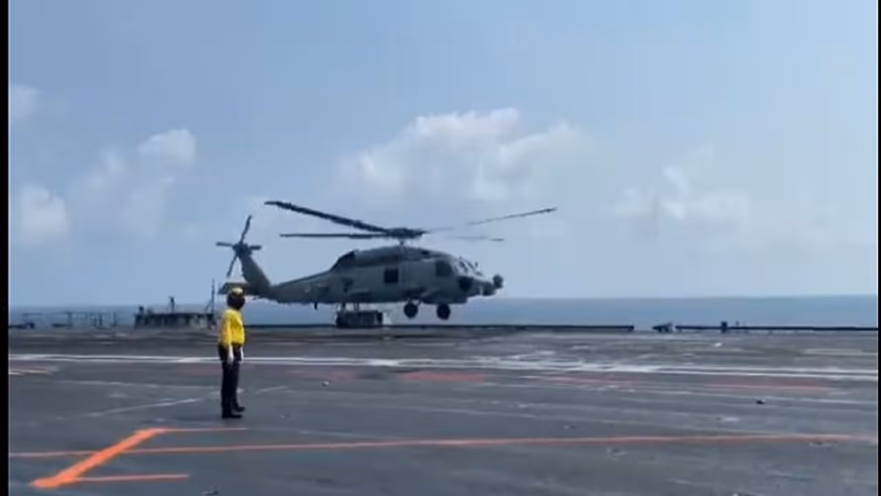HISTORIC! MH 60R makes maiden landing onboard indigenous aircraft carrier INS Vikrant: WATCH HISTORIC! MH 60R makes maiden landing onboard indigenous aircraft carrier INS Vikrant: WATCH