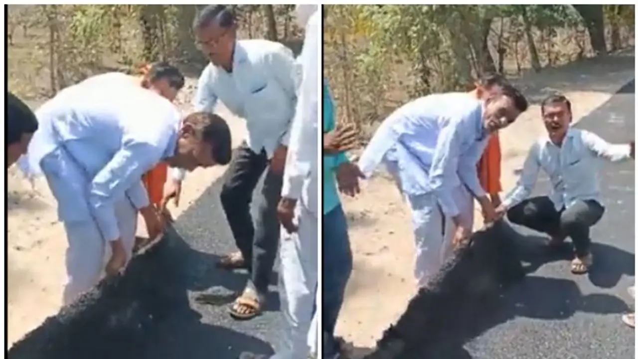 പ്രധാനമന്ത്രി ​ഗ്രാമീണ റോഡ് പദ്ധതിയിൽ റോഡ് നിർമിച്ചു, പിന്നാലെ കൈകൊണ്ട് ഉയർത്തിയെടുത്ത് നാട്ടുകാർ വീഡിയോ