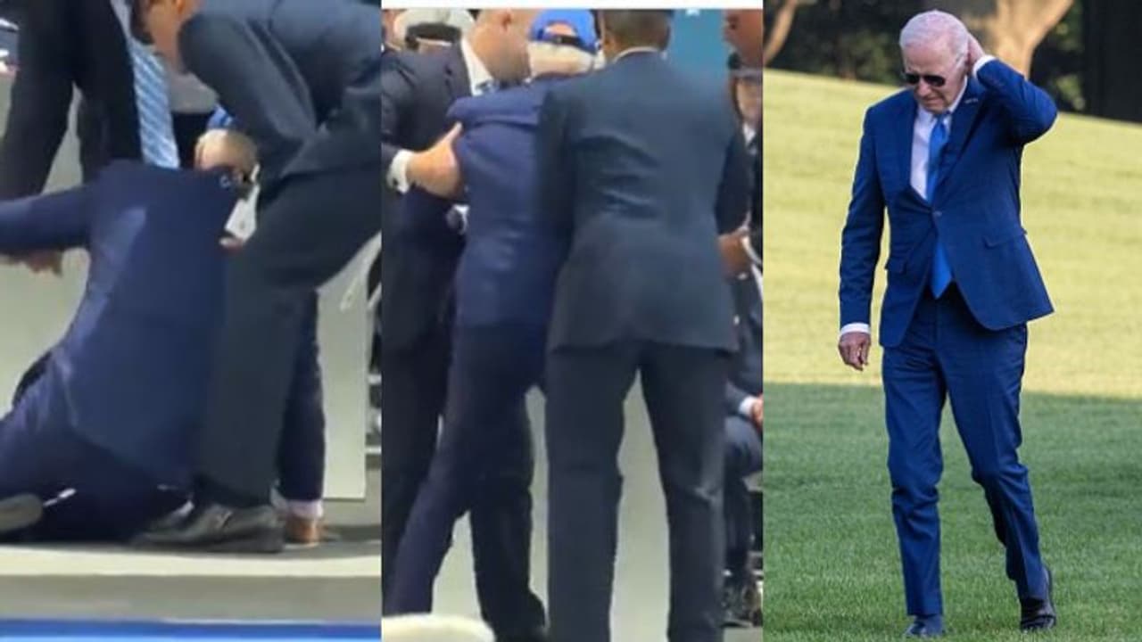 വേദിയിലെ ബാഗ് പണിയായി, പൊതുവേദിയിൽ തെന്നി വീണ് അമേരിക്കൻ പ്രസിഡന്റ് ജോ ബൈഡൻ വേദിയിലെ ബാഗ് പണിയായി, പൊതുവേദിയിൽ തെന്നി വീണ് അമേരിക്കൻ പ്രസിഡന്റ് ജോ ബൈഡൻ