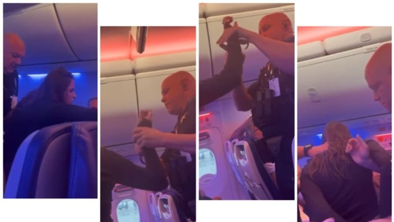 മദ്യലഹരിയില് വിമാനത്തില് ബഹളം വച്ച് യുവതി, അറസ്റ്റ് ചെയ്യാനെത്തിയ പോലീസിന് കടിയും ചവിട്ടും; വൈറല് വീഡിയോ മദ്യലഹരിയില് വിമാനത്തില് ബഹളം വച്ച് യുവതി, അറസ്റ്റ് ചെയ്യാനെത്തിയ പോലീസിന് കടിയും ചവിട്ടും; വൈറല് വീഡിയോ