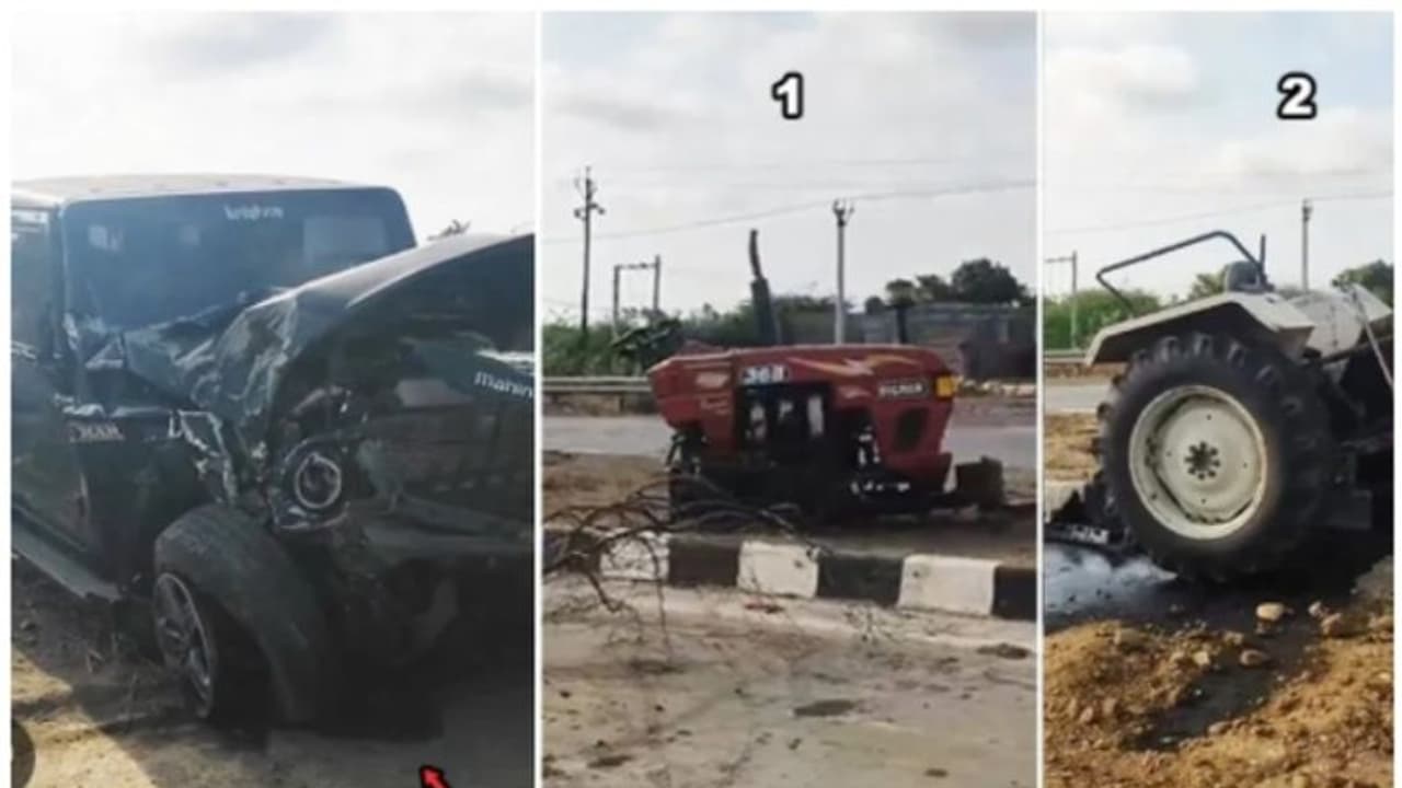 ഥാറുമായി കൂട്ടിയിടിച്ചു, കണ്ടംതുണ്ടമായി ട്രാക്ടര്‍!