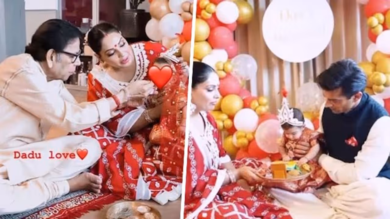 Bipasha Basu, Karan Singh Grover's daughter Devi 'Mukhebhaat' ceremony: Baby dons Benarasi saree Bipasha Basu, Karan Singh Grover's daughter Devi 'Mukhebhaat' ceremony: Baby dons Benarasi saree