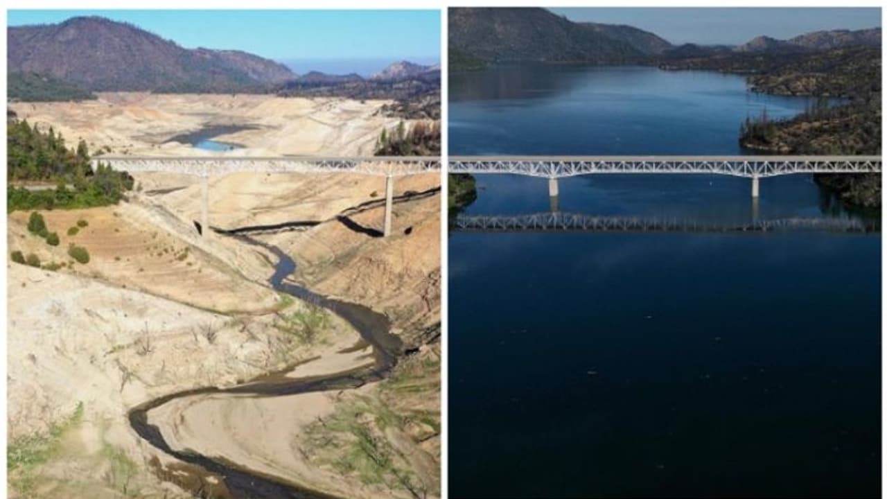  ഒരു നദി രണ്ട് കാലം; വറ്റിവരണ്ടും നിറഞ്ഞ് കവിഞ്ഞും ഫെതര്‍ നദി, ചിത്രം പങ്കുവച്ച് ഗെറ്റി 