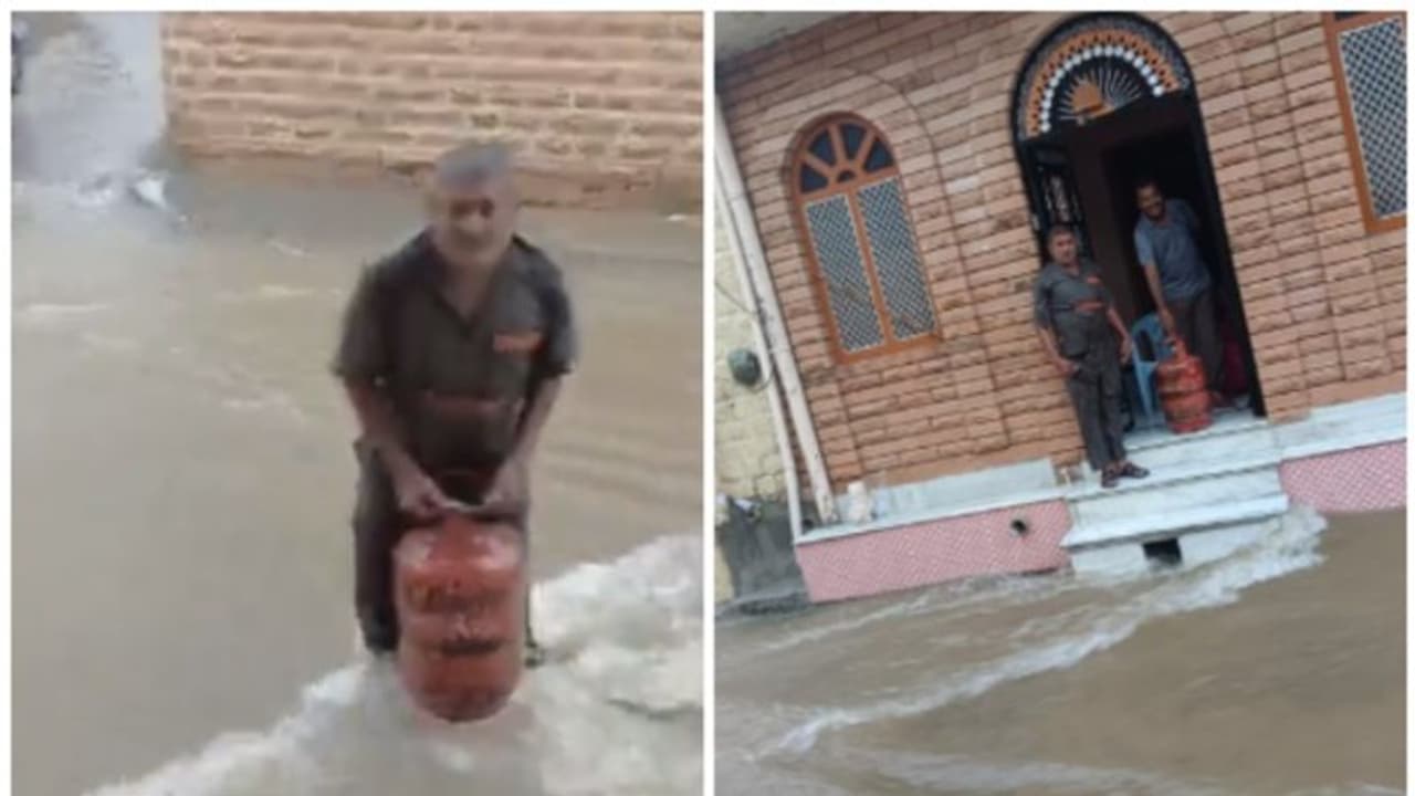 ബിപാര്‍ജോയ് ചുഴലിക്കാറ്റിനിടയില്‍ റോഡ് പുഴപോലെ ഒഴുകുമ്പോള്‍ ഗ്യാസ് സിലിണ്ടർ വിതരണം; അഭിനന്ദിച്ച് നെറ്റിസണ്‍സ്!