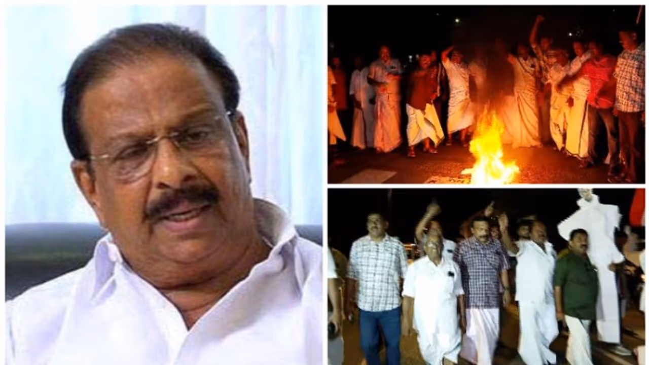 സുധാകരന്റെ അറസ്റ്റിൽ പ്രതിഷേധിച്ച് തെരുവിലിറങ്ങി പ്രവർത്തകർ, തലസ്ഥാനത്ത് മുഖ്യമന്ത്രിയുടെ കോലം കത്തിച്ചു