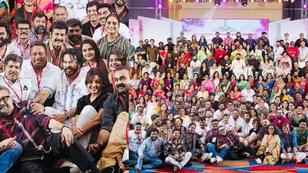 'ക്യാമറ റോളിം​ഗ്, ആക്ഷൻ..'; പതിവ് തെറ്റിക്കാതെ മമ്മൂട്ടി, അമ്മ അംഗങ്ങൾക്കൊപ്പം നിലത്തിരുന്ന് നടൻ 