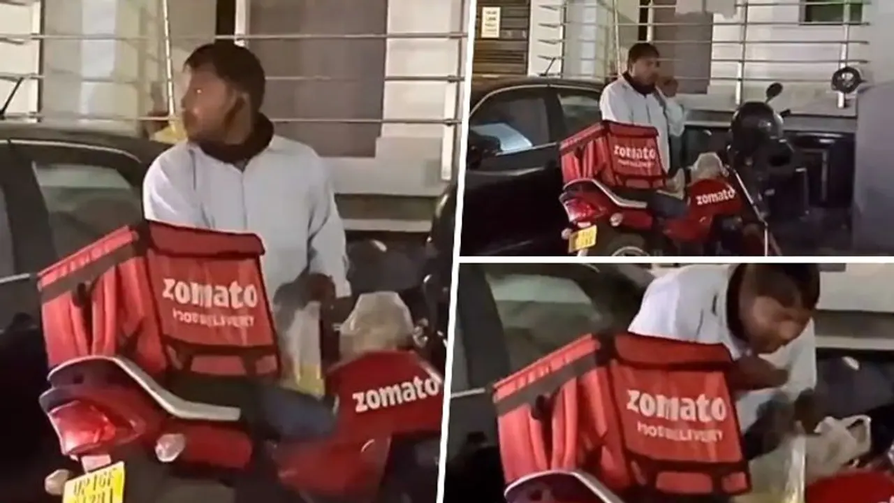 Heartbreaking! Zomato delivery agent eating food from plastic bag moves netizens WATCH