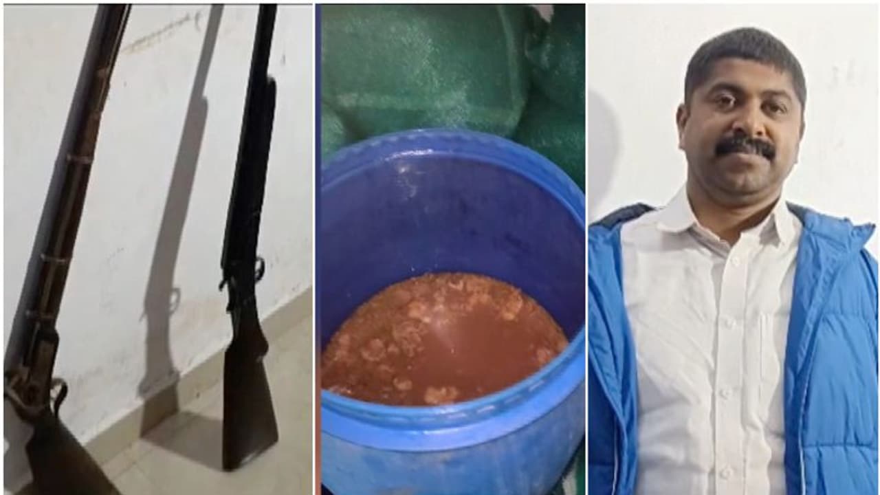 വാറ്റ് കേന്ദ്രത്തിൽ റെയ്ഡ്, പരിശോധനയ്ക്കിടെ പൊലീസ് ഞെട്ടി, ചാരായത്തിനൊപ്പം രണ്ട് നാടൻ തോക്കും; അറസ്റ്റ് വാറ്റ് കേന്ദ്രത്തിൽ റെയ്ഡ്, പരിശോധനയ്ക്കിടെ പൊലീസ് ഞെട്ടി, ചാരായത്തിനൊപ്പം രണ്ട് നാടൻ തോക്കും; അറസ്റ്റ്