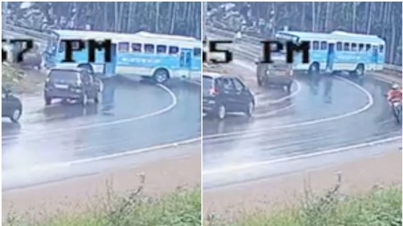 തലയിൽ കൈവച്ച് പോകും! വളവിൽ റോഡിലൂടെ തെന്നി നീങ്ങുന്ന ബസ്, നെഞ്ചിടിപ്പ് നിന്ന് പോകും കാഴ്ച; നാട്ടുകാ‍ർ ഭീതിയിൽ