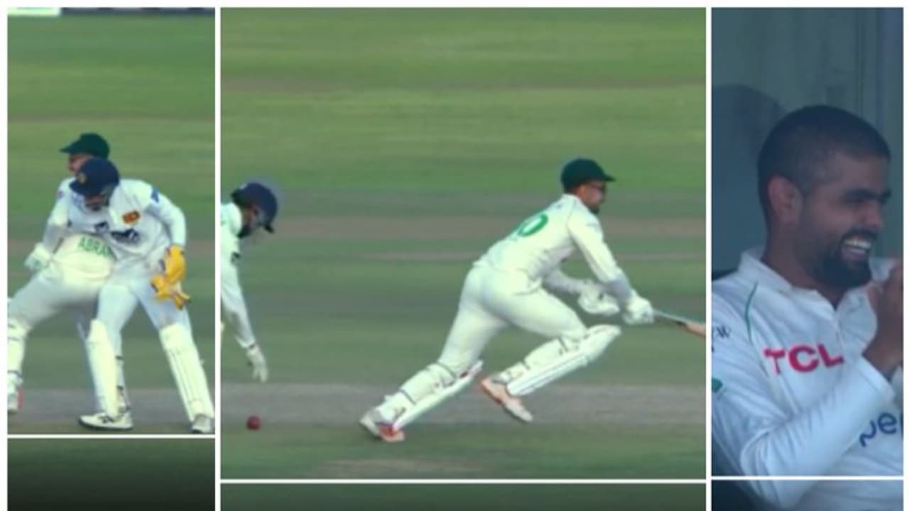 പന്ത് അബ്രാറിന്റെ പാഡിനുള്ളില്‍! ക്യാച്ചെടുക്കാന്‍ സമരവിക്രമയുടെ ശ്രമം; ചിരിയടക്കാനാവാതെ ബാബര്‍ അസം