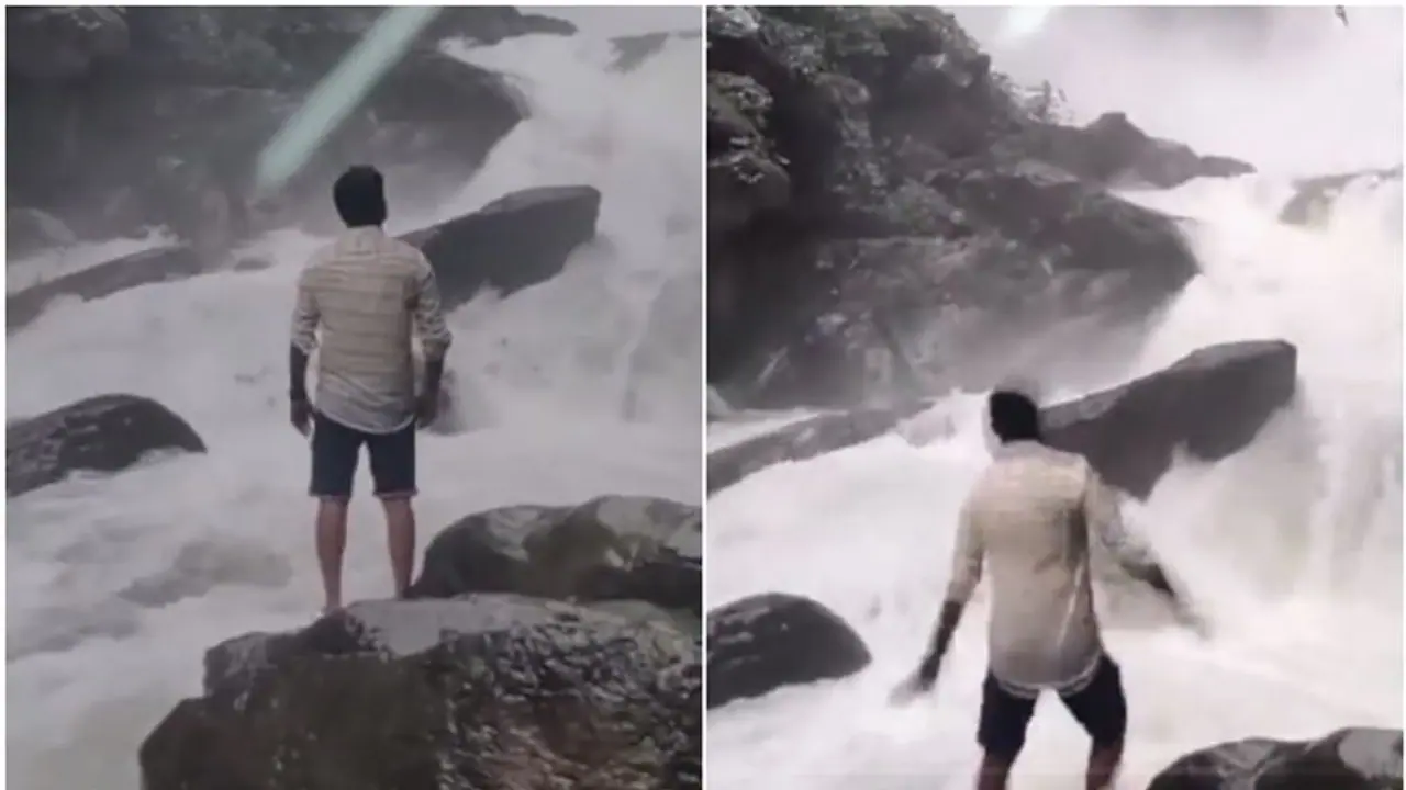 Karnataka: Man creating Instagram reel on waterfall slips (WATCH)