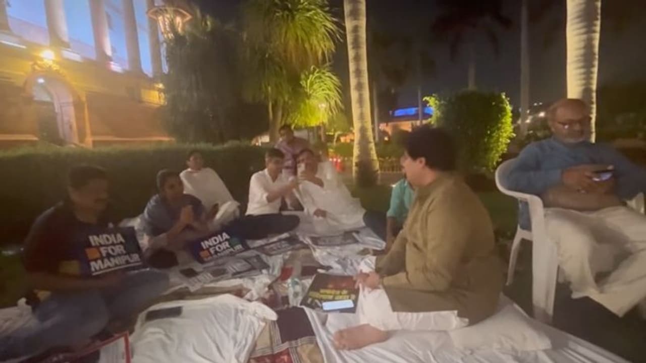 Opposition stages overnight sit in protest over Manipur issue, suspension of AAP MP Sanjay Singh