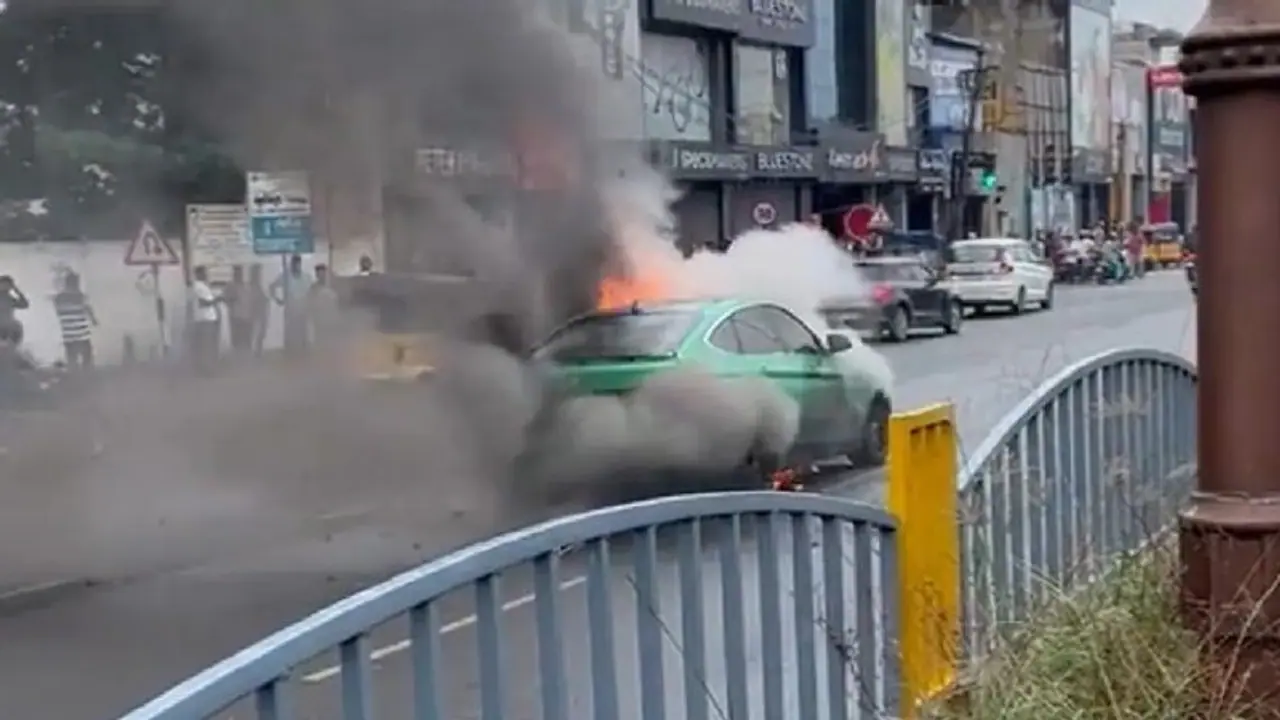 WATCH: Fire engulfs luxury BMW car on busy Chennai road; dramatic video goes viral WATCH: Fire engulfs luxury BMW car on busy Chennai road; dramatic video goes viral