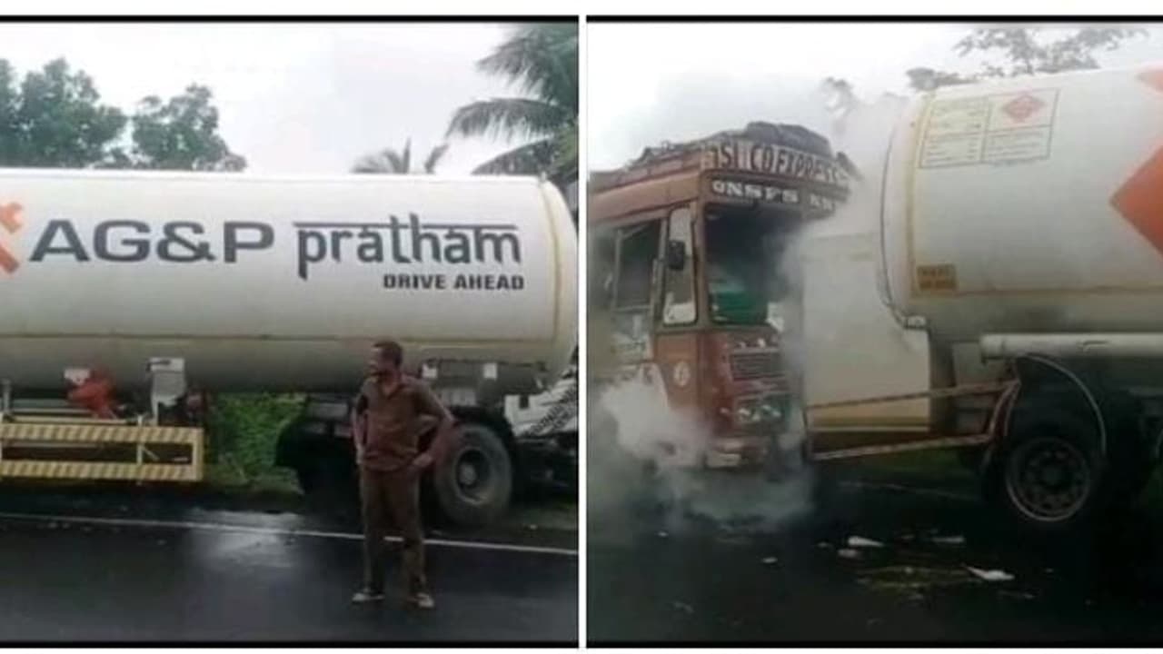 எரிவாயு கன்டெய்னர் லாரி மீது சரக்கு லாரி மோதி பயங்கர விபத்து..! அலறி அடித்து ஓடிய மக்கள் எரிவாயு கன்டெய்னர் லாரி மீது சரக்கு லாரி மோதி பயங்கர விபத்து..! அலறி அடித்து ஓடிய மக்கள்